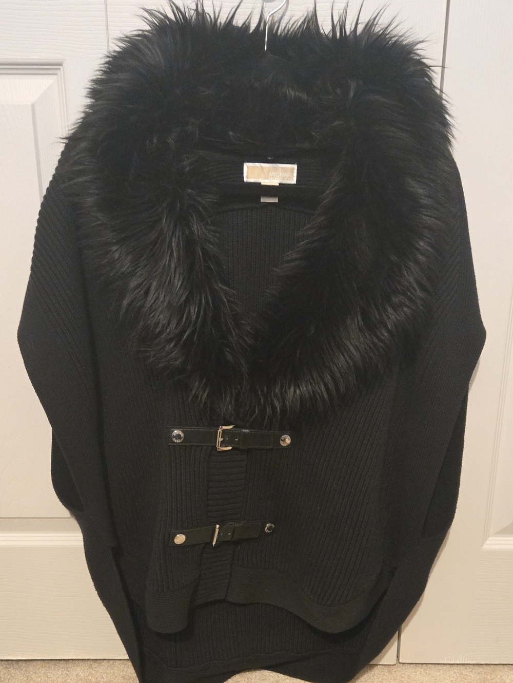 Michael Kors Black Knit Poncho with Faux Fur Trim